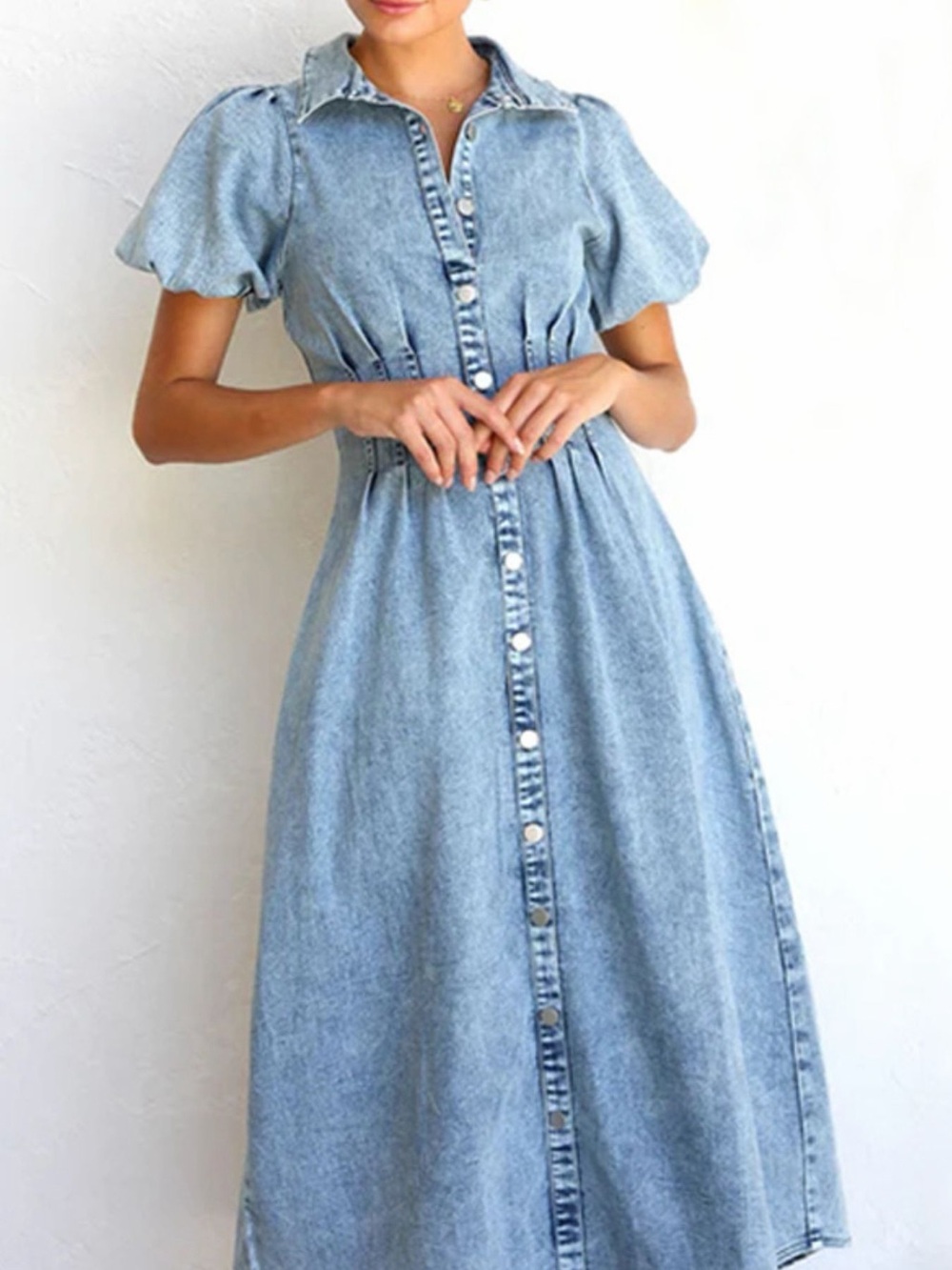 🩵 Puff Sleeve Button Front Denim Midi Dress Light Blue - Picture 3 of 9